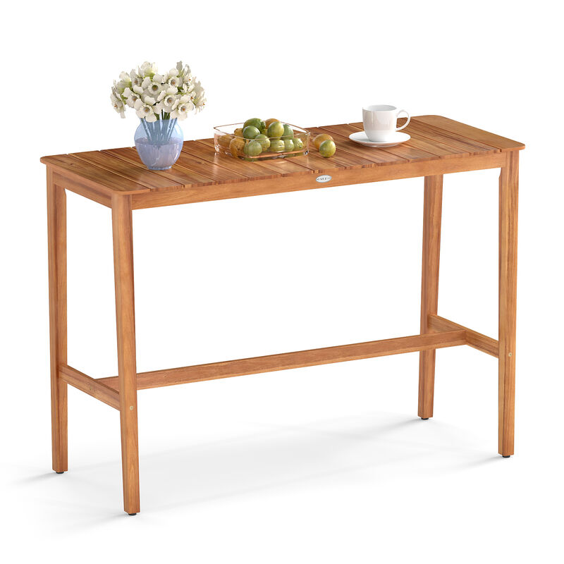 Stylish Acacia Wood Counter Height Table with Footrest and Slatted Design