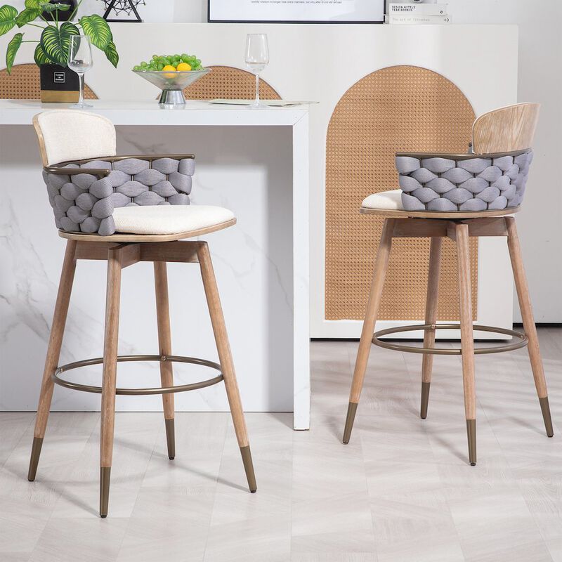 Glamour Home Bechor Beige and Gray Linen Fabric Bar Stool with Natural Wood Legs