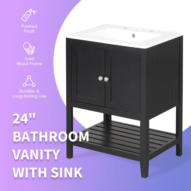 Whisen Modern Sleek Bathroom Vanity with Elegant Ceramic Sink, Solid Wood Frame - Black