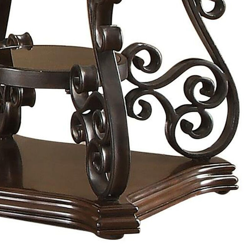 Traditional Solid End Table With Glass Inset, Metal Scrolls & 2 Shelves, Brown-Benzara