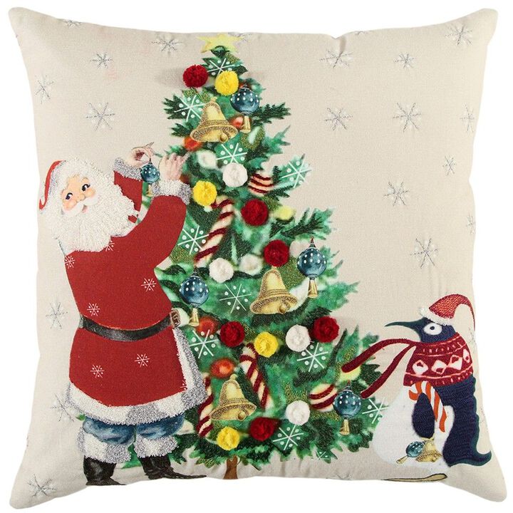 Homezia Ivory Vintage Santa and Penguin Christmas Throw Pillow