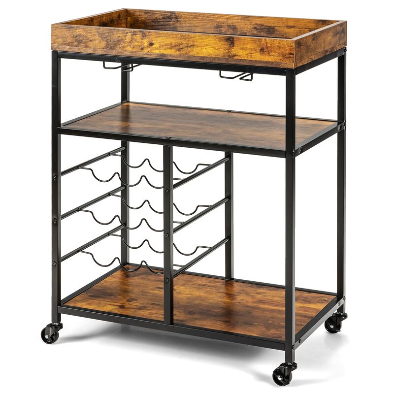3-Tier Wood Rolling Kitchen Serving Cart with 9-Bottle Wine Rack for Stylish and Functional Storage