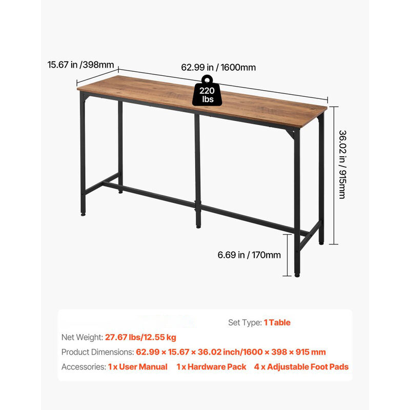 Rectangular 63 Inch Bar Table, Tall Kitchen Dining Table with Rounded Edges, Light Brown Black Finish image number 2