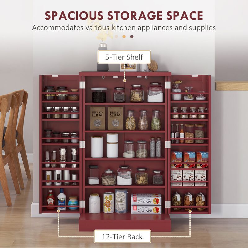 Freestanding Kitchen Pantry, Kitchen Storage Cabinet with 5-Tier Shelf, 12 Spice Racks, Adjustable Shelves, Red