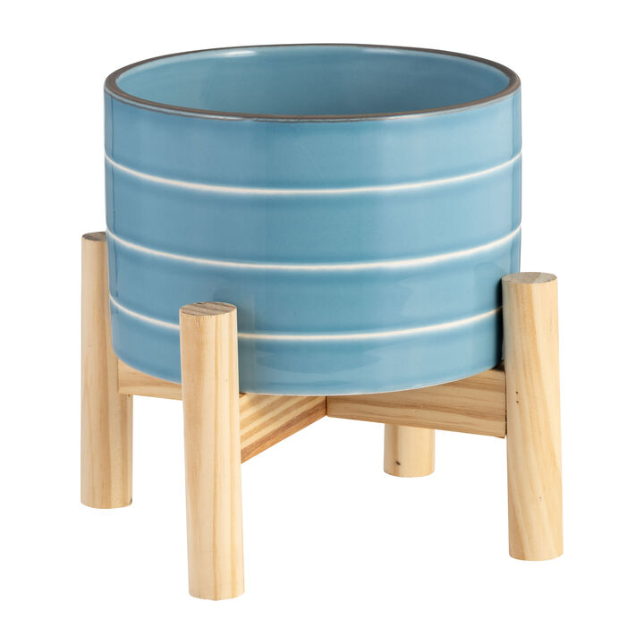 Striped Planter W/ Wood Stand