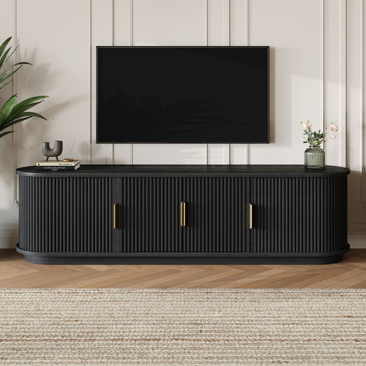 Merax Modern TV Stand with Tambour Sliding Doors, 4 Shelves, Side Cabinets, Cable Holes