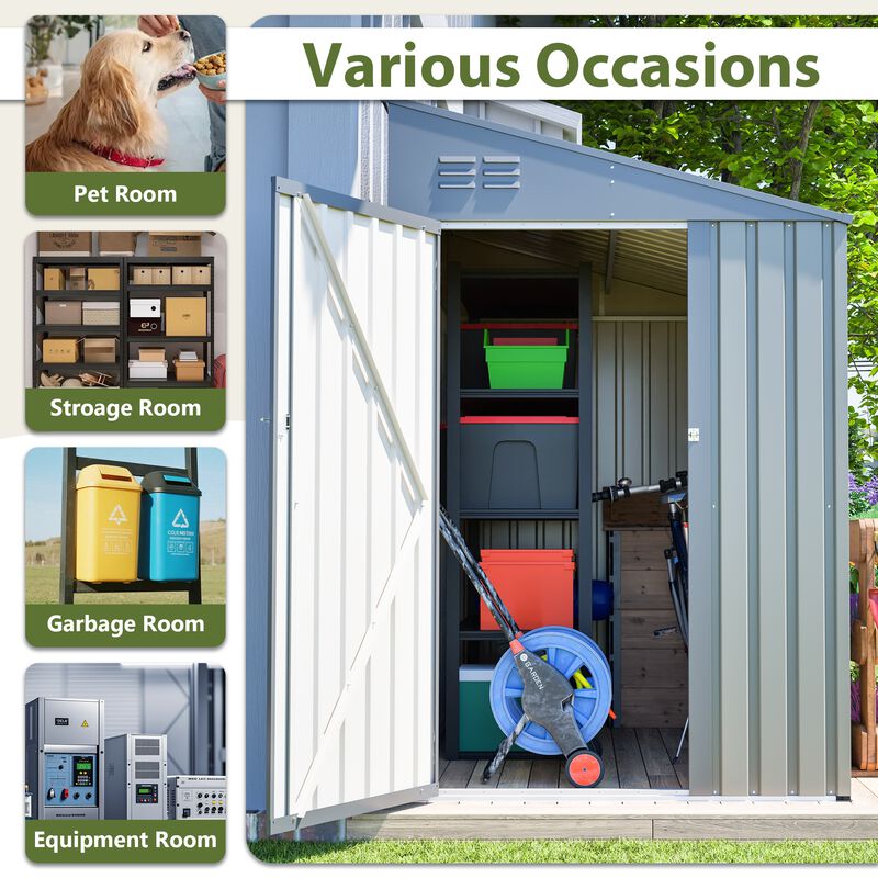 4x7 FT Olive Grey Lean-To Steel Shed, All-Weather Outdoor Storage with Vents & Lockable Doors image number 6