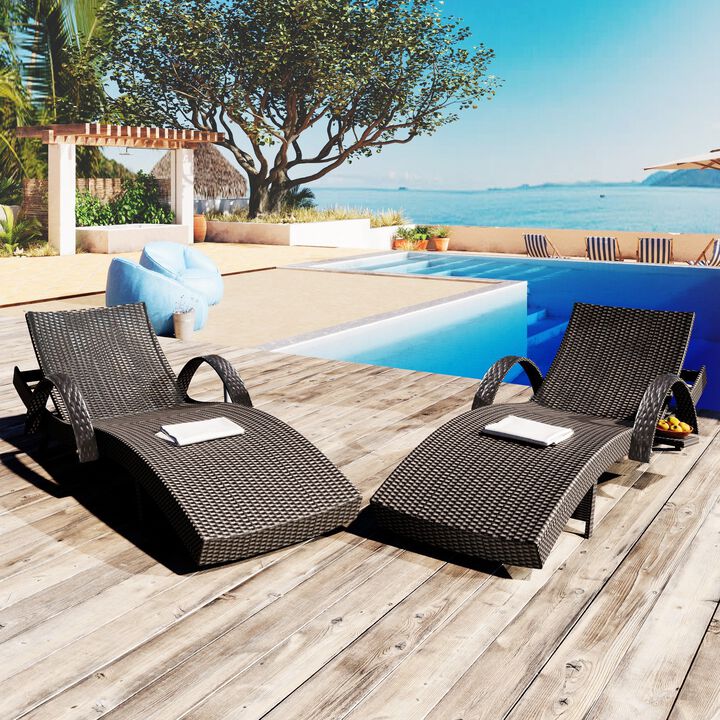 Wicker Chaise Lounge Chairs Set of 2, 80-Inch Recliners in Dark Brown with Pull-Out Table