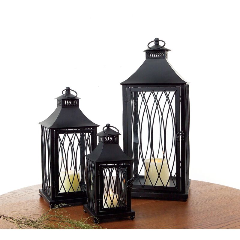 Set of 3 Metal and Glass Lanterns for Indoor and Outdoor Decor