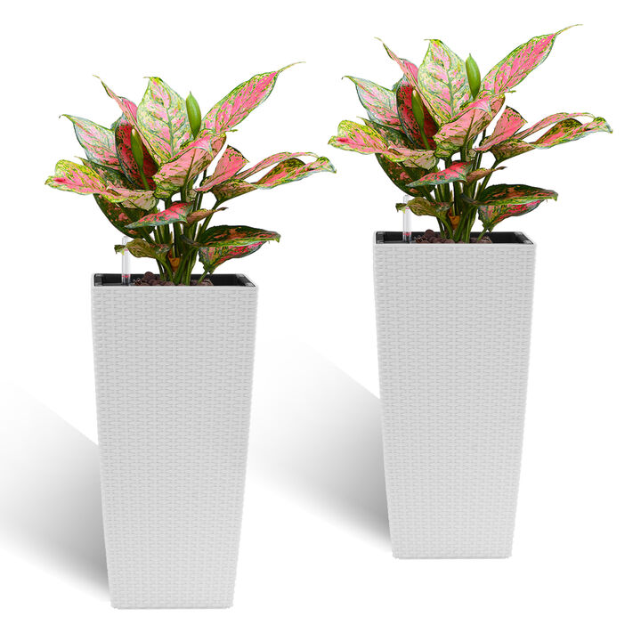 WOW PIONEER Set of 2 Square 22-Inch High Planters with Faux Rattan Design and Automatic Watering System for Porch Patio Backyard to Simplify Plant Care