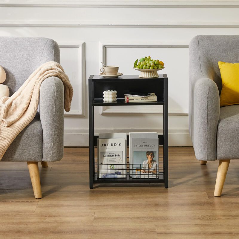 IBUYKE Narrow Side Table with Storage Shelf, 3 Tier End Table,Modern Sofa Table,Small Nightstand with Magazine Rack,Telephone Ta
