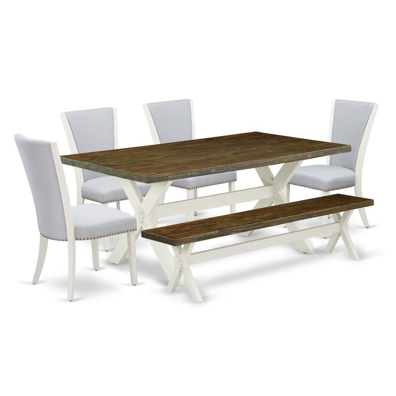 East West Furniture 6 Piece Dining Set - Distressed Jacobean Dinner Table, 1 Wooden Bench and 4 Grey Linen Fabric Parson Dining Room Chairs with Nailheads - Wire Brushed Linen White Finish