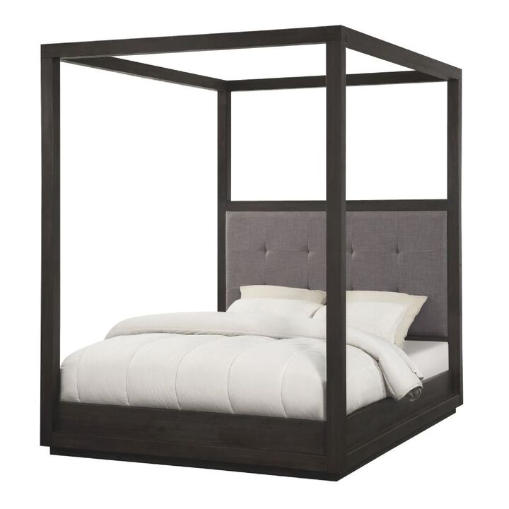 Jose Acacia Wood Tufted Platform Queen Canopy Bed, Dark Heather Gray - Benzara