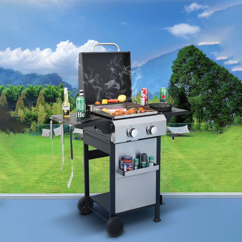 MONDAWE 2-Burner Propane Gas BBQ Grill, SS Plancha, 24600BTU Output With Wire Enamel Cooking Grids For Outdoor Barbecue, Foldable Side Table, Hanging Basket, Stainless Steel