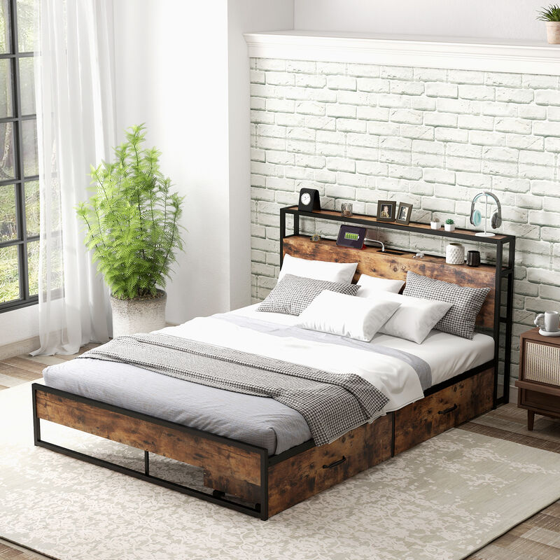 Wooden Bed Frame with 2 Storage Drawers and Power Station &ndash; Platform Bed with USB Ports