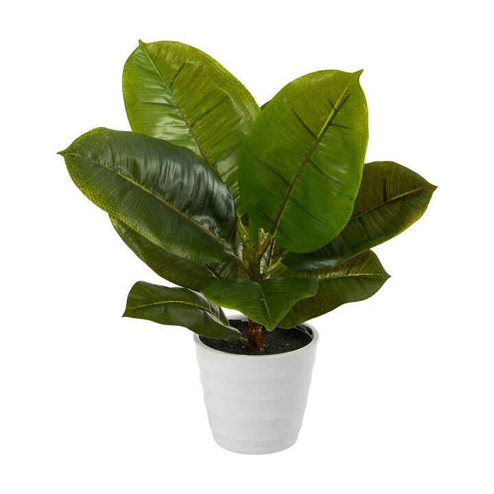HomPlanti 11" Rubber Leaf Artificial Plant in White Planter (Real Touch)