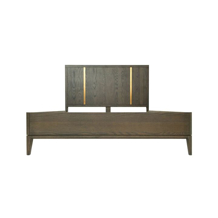 Cid Ohio King Size Platform Bed, Panel Headboard with Gold Accents, Brown - Benzara