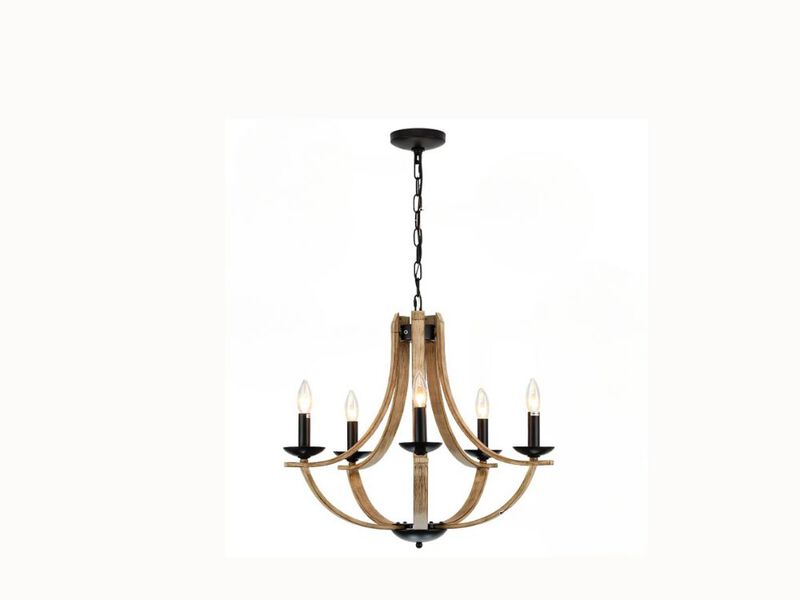 5-Light Farmhouse Chandelier – 24" Faux Wood Candle Pendant for Dining Room, Kitchen Island & Entryway (E12 Base)