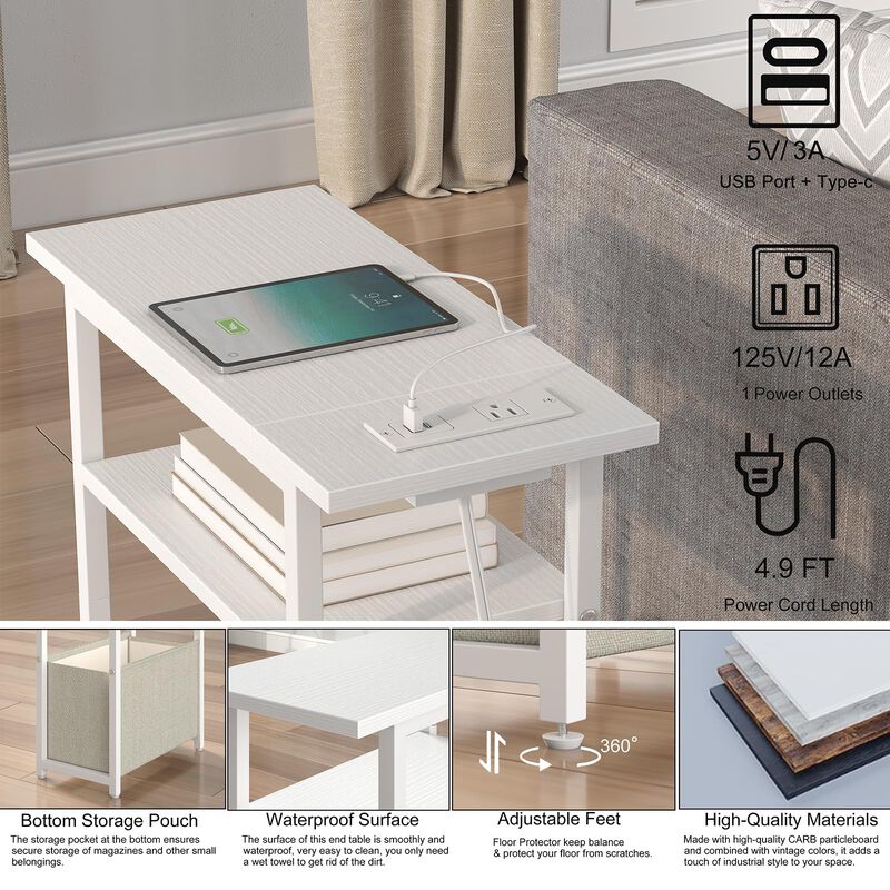 sthmec Narrow Side Table with Charging Station, Small End Table for Small Spaces, Skinny Nightstands with Storage Basket, 3 Tier