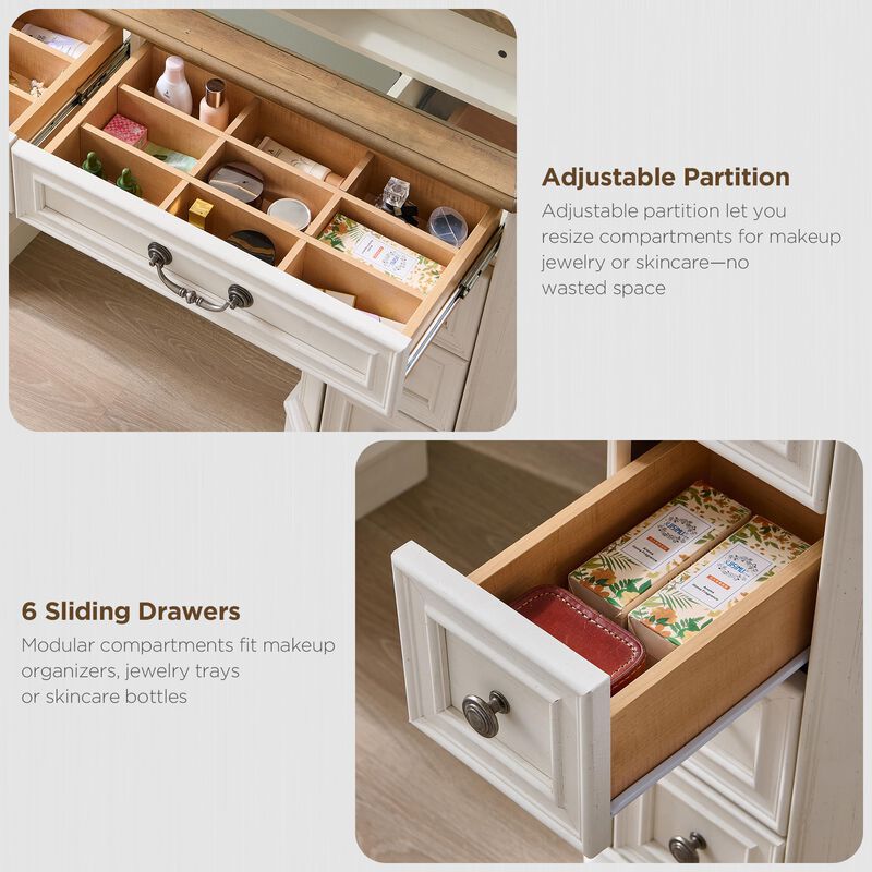 48" LED Vanity Desk with Mirror, 3-Light Modes, 8 Drawers, Glass Top, USB Charging image number 4