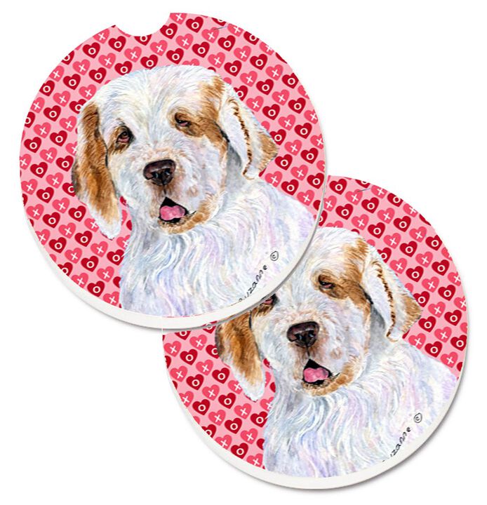 Caroline's Treasures Clumber Spaniel Hearts Love & Valentine's Day Portrait Set of 2 Cup Holder Car Coasters SS4500CARC, 2.56, Multicolor