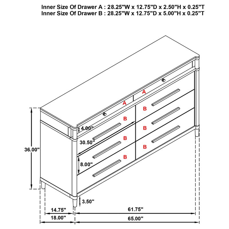 Ruvie Wide Dresser, 8 Drawers w Felt lined Jewellery Drawer, White Wood image number 7
