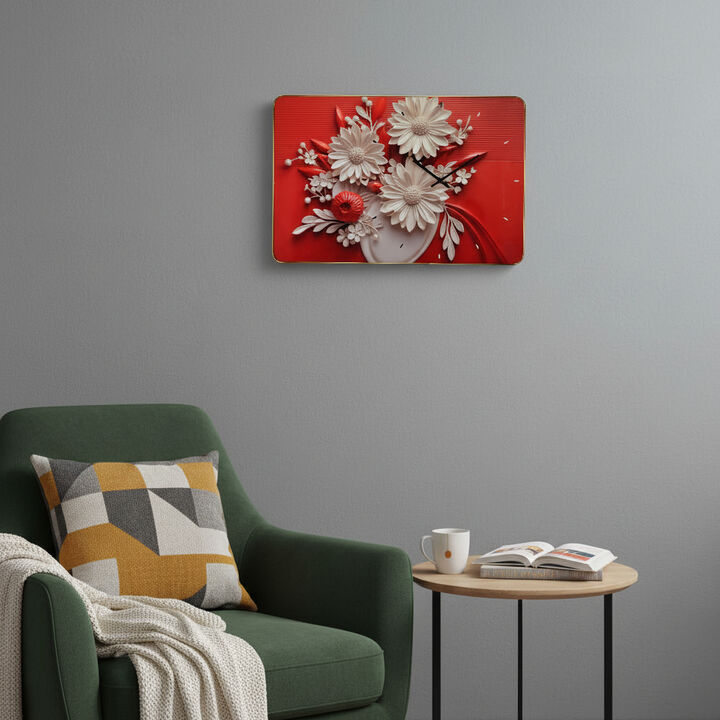HomeRoots 24" White Red And Black Solid Wood and Acrylic Silent Analog Floral Wall Clock