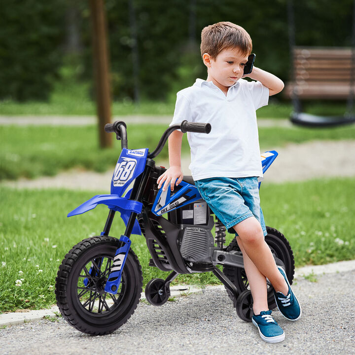 BreeBe 12V Kids Electric Motorcycle w/ Twist Grip Throttle, Training Wheels, Rear Suspension & Music