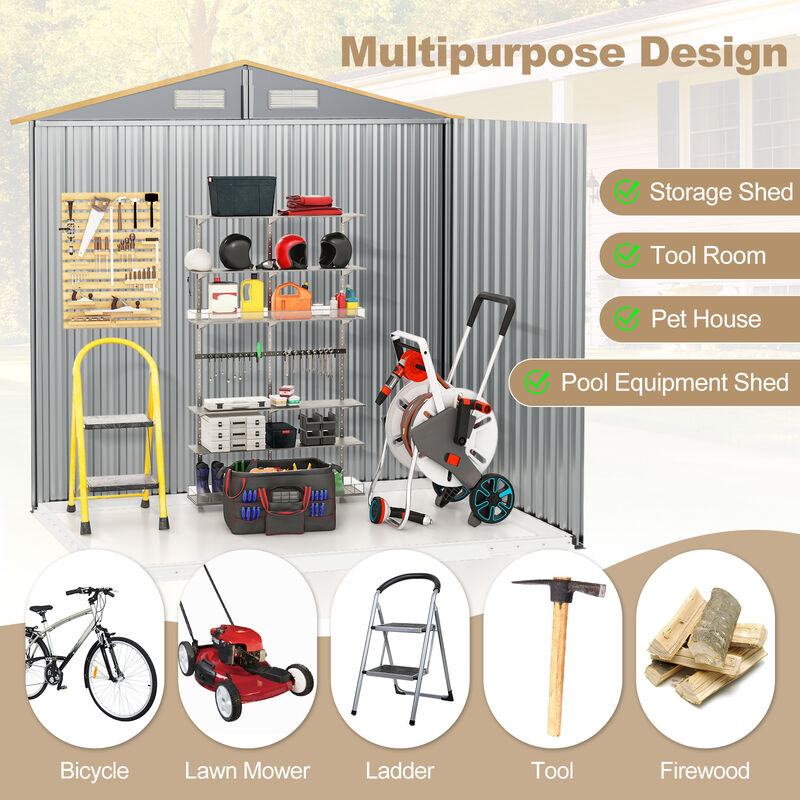 Weather Resistant Galvanized Steel Shed with Tilted Roof for Backyard Garden Patio Lawn-Natural