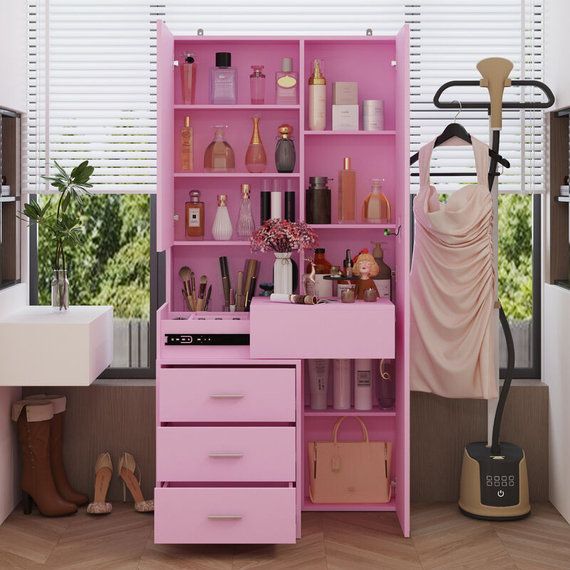 FUFU&GAGA Modern Vanity Table with Lighted Mirror and Storage, 3 Drawers & Sliding Cabinet, (31.5 in. W x 13 in. D x 63 in. H), Pink
