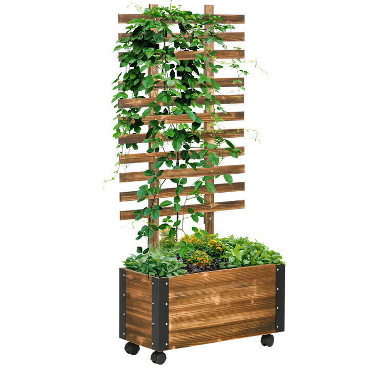 Outsunny Raised Garden Bed with Trellis, 58" Outdoor Wooden Planter Box with  Wheels, for Vine Plants Flowers Climbing and Planting, Gray