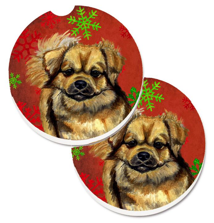 Caroline's Treasures Tibetan Spaniel Red green Snowflake Holiday Christmas Set of 2 Cup Holder Car Coasters LH9349CARC, 2.56, Multicolor