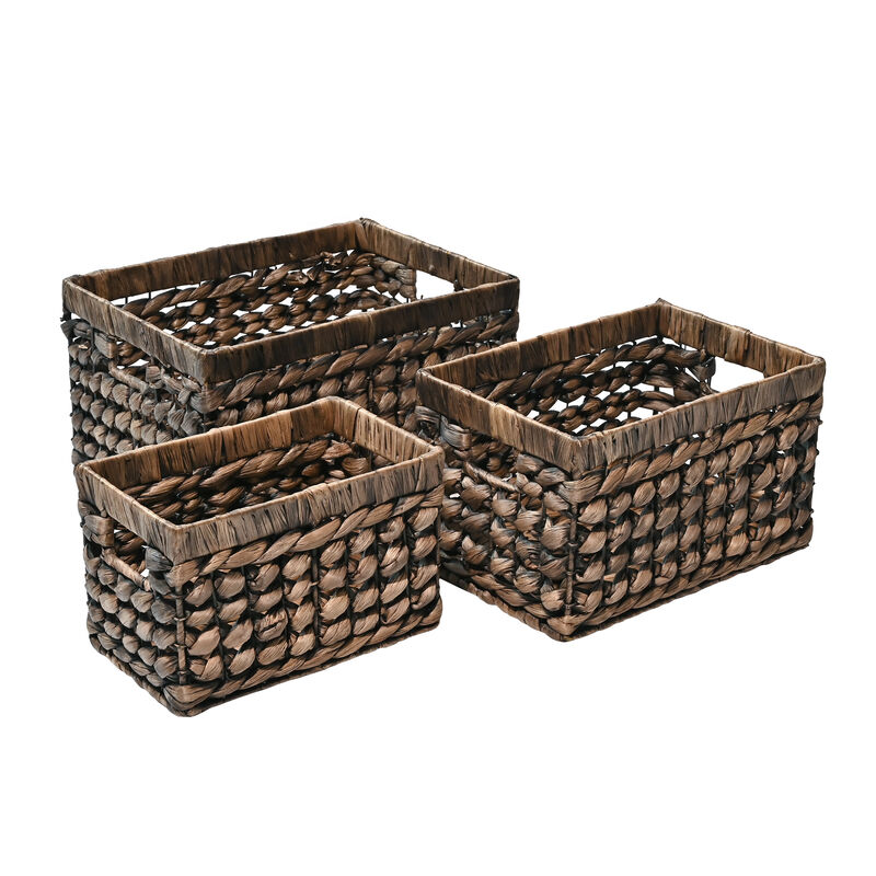 Hayden Bohemian Cottage Handwoven Hyacinth Rectangular Nesting Baskets with Handles