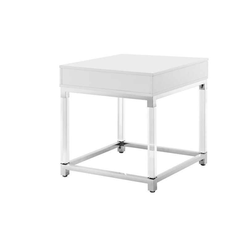 Inspired Home Kalel High Gloss 1 Drawer End Table with Acrylic Legs Stainless Steel Base