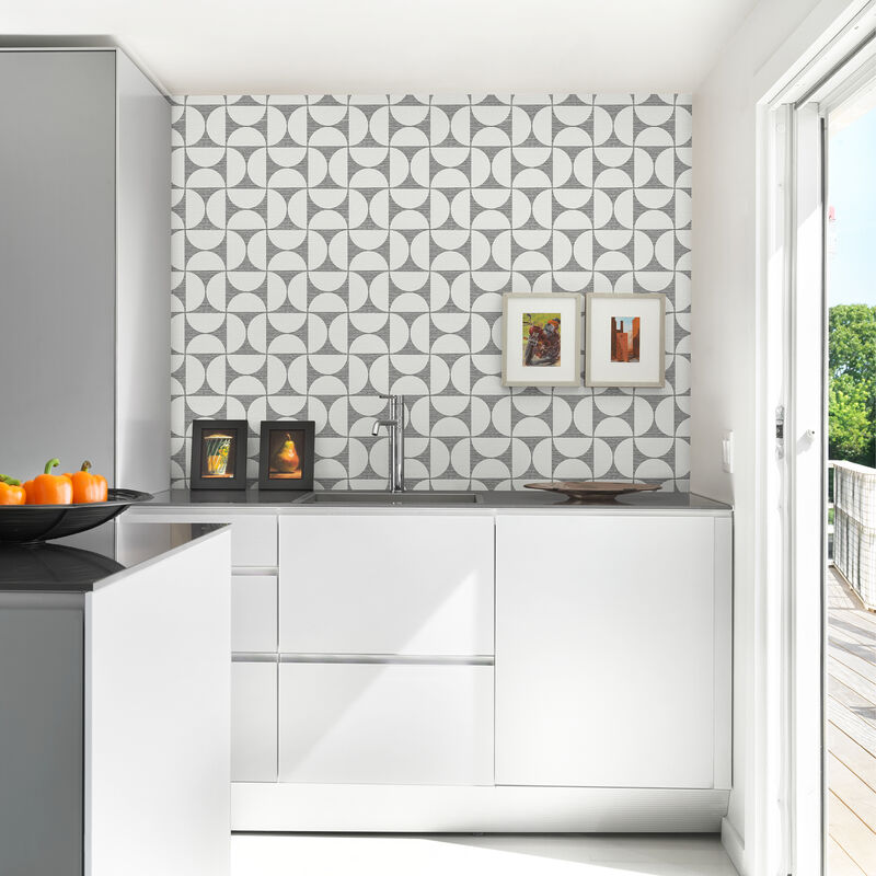 Deedee Black Geometric Faux Grasscloth Wallpaper image number 1