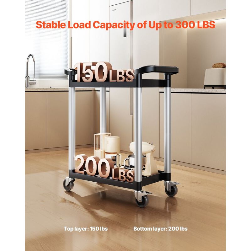 2-Tier Utility Cart with 360&deg; Rotating Wheels, Food Service Cart for Warehouse & Home-Black image number 5