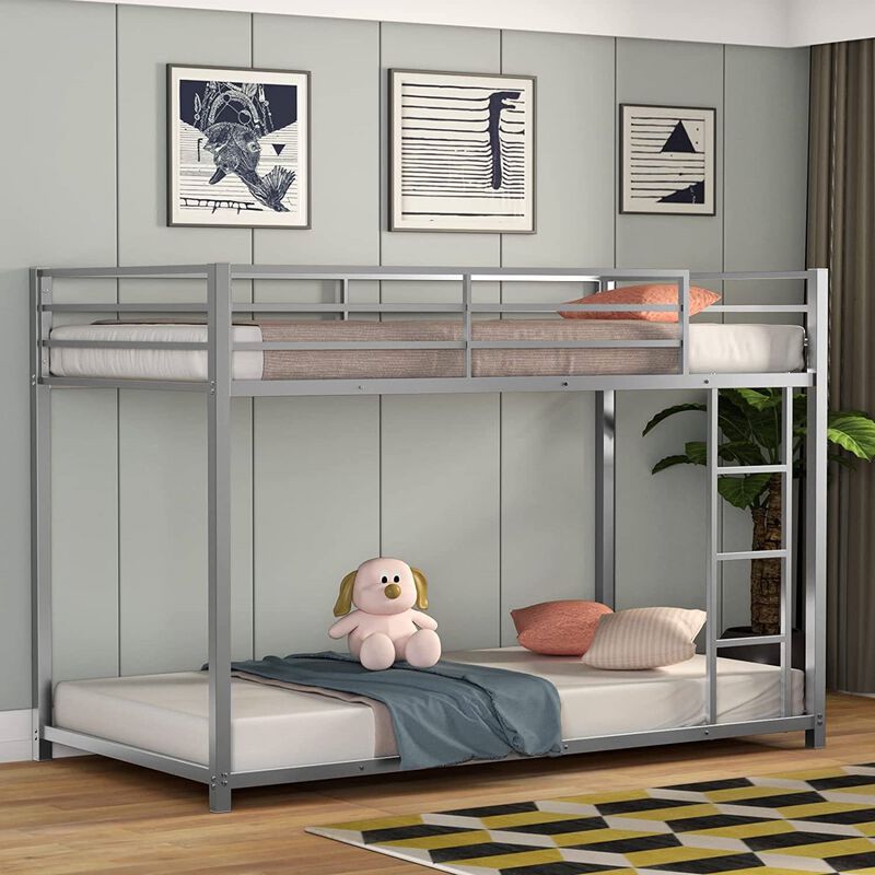 QuikFurn Twin over Twin Low Profile Modern Bunk Bed in Silver Metal Finish