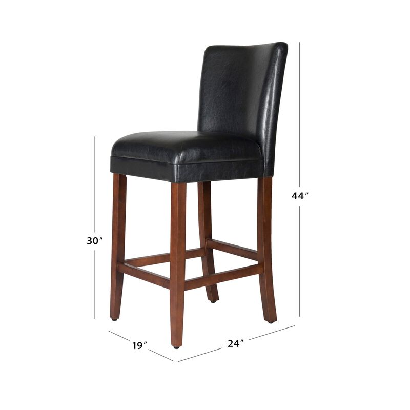 Wooden 29 Inch Bar Stool with Faux Leather Padded Seat and Tapered Feet, Black and Brown