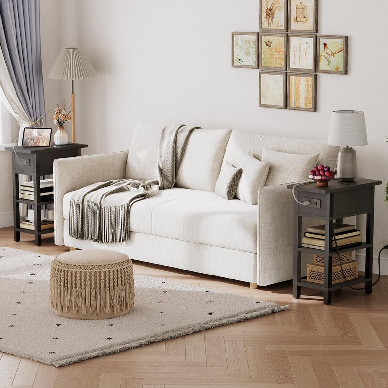 HOOBRO End Table with Charging Station, Flip Top Side Table with USB Ports, Narrow Nightstand Bedside Tables with Storage Shelve