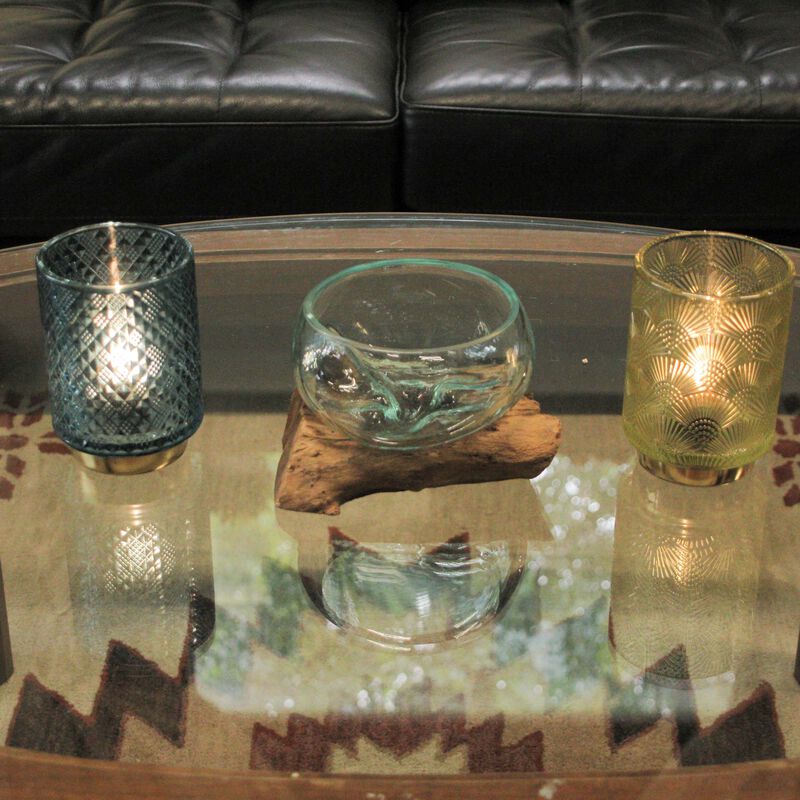Medium Wide Molten Glass on Teak Driftwood Sculptural Vase and Bowl image number 4