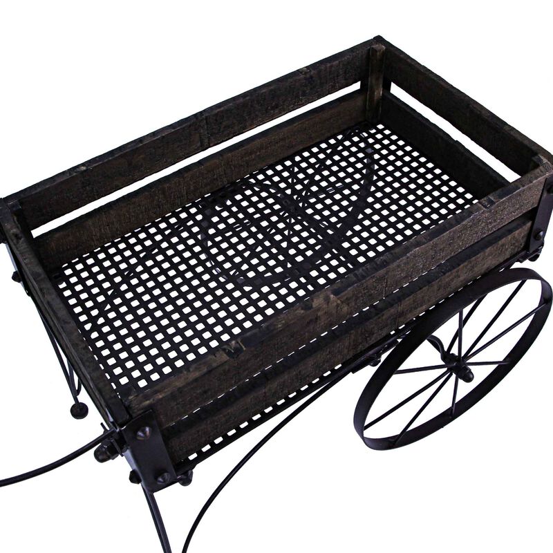 24 Inch Brown Wood & Metal Wagon Planter Indoor Outdoor Rustic Plant Stand image number 4
