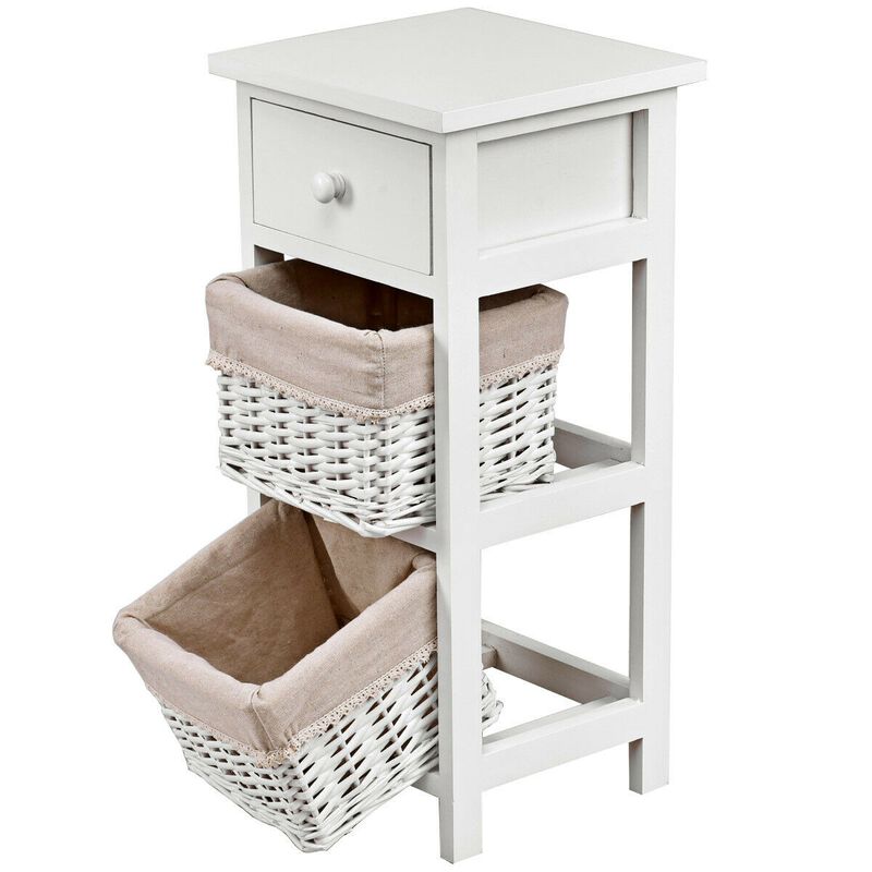 2 Pieces Bedroom Bedside End Table with Drawer Baskets-White