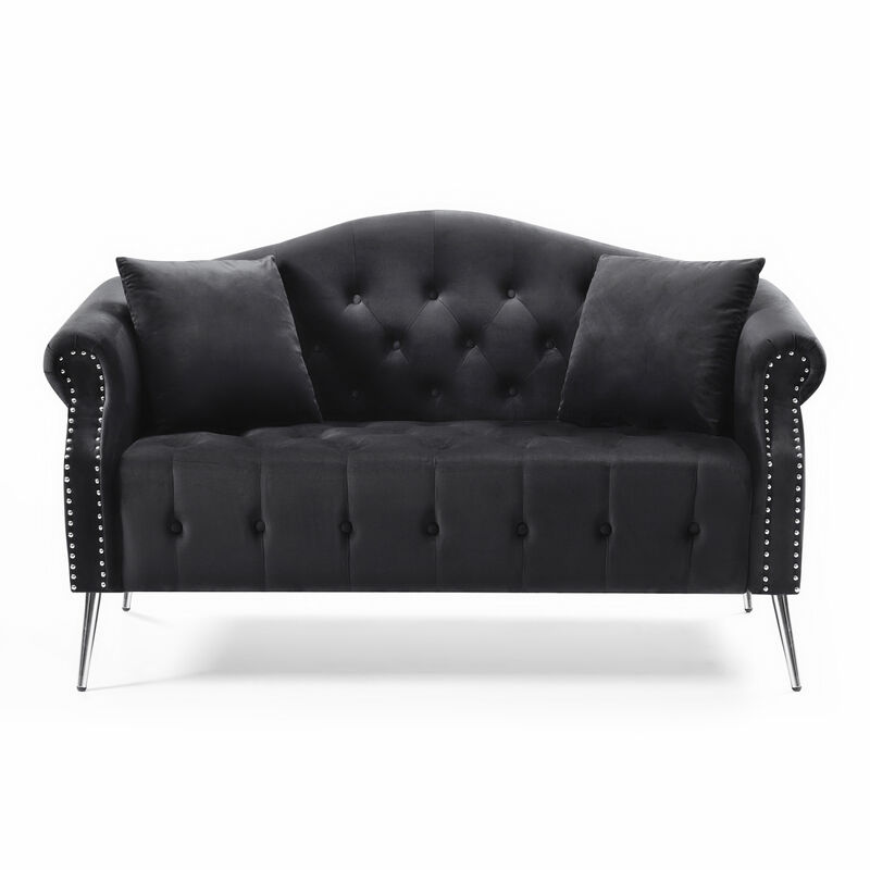 Classic Chesterfield Velvet Sofa Loveseat Contemporary Upholstered Couch Button Tufted Nailhead Trimming Curved Backrest Rolled Arms with Silver Metal Legs Living Room Set, 4 Pillows Included, Black image number 2