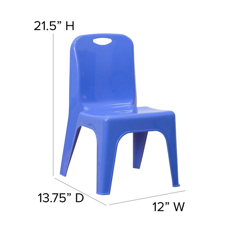 Flash Furniture Whitney 4 Pack Blue Plastic Stackable School Chair with Carrying Handle and 11'' Seat Height image number 4