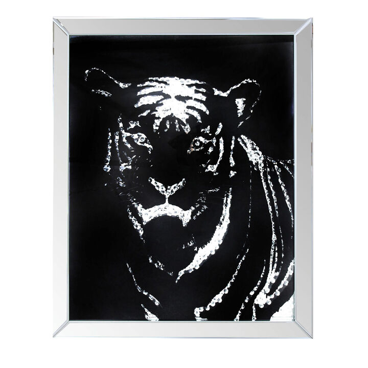 Rectangular Mirror framed Tiger Wall Decor With Crystal Inlays, Black & Silver - Benzara