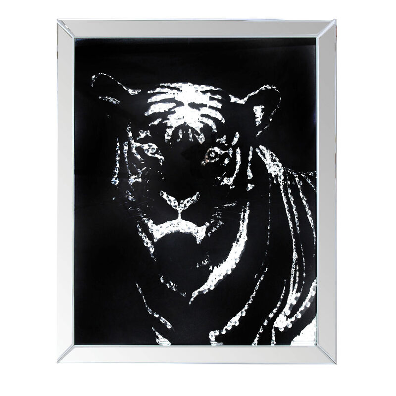 Rectangular Mirror framed Tiger Wall Decor With Crystal Inlays, Black & Silver image number 2