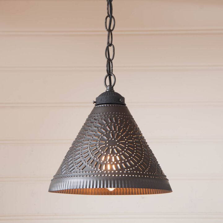 Wellington Shade Light Pendant In Kettle Black Punched Tin
