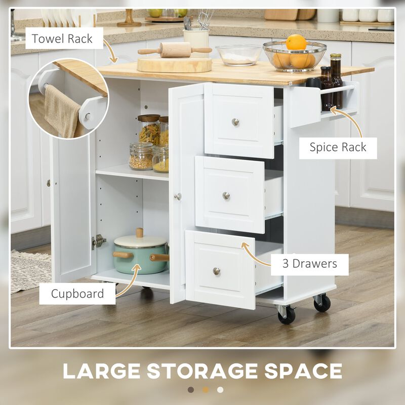 Kitchen Island with Drop Leaf, Rolling Kitchen Cart on Wheels with 3 Drawers, Cabinet, Natural Wood Top, Spice Rack and Towel Rack, White