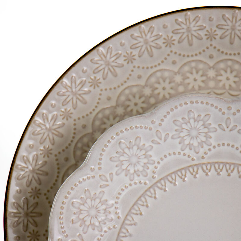 Elama Contessa 16 Piece Embossed Scalloped Stoneware Dinnerware Set in Ivory
