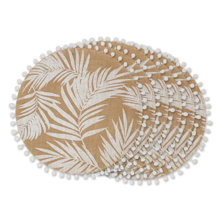 Set of 6 Beige and White Fern Print Round Outdoor Placemats 15"